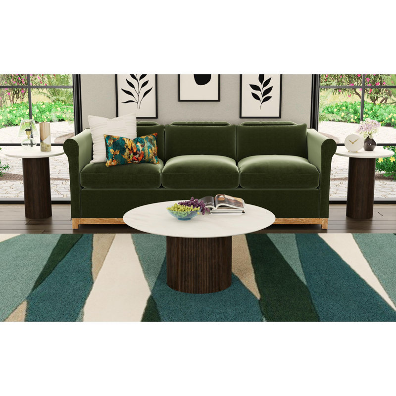 Adelyte Round End Table With White Faux Marble Top And Base In Dark Brown