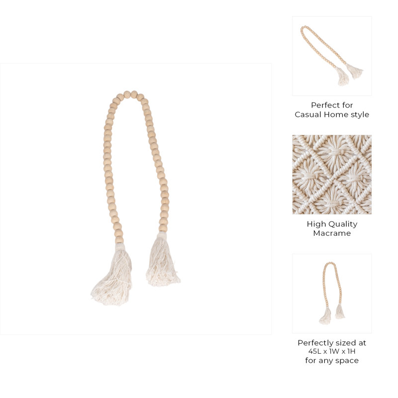 Hedvika Decorative Wood and Macrame Bead Strand with Tassels - Modern Handcrafted Accent Piece, Brown