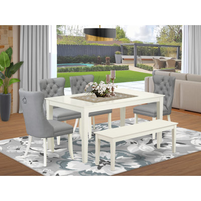 Ensemble de table de salle à manger 6 pièces comprenant une table de cuisine rectangulaire et 4 chaises rembourrées en tissu de polyester avec banc, 36 x 60 pouces, lin blanc