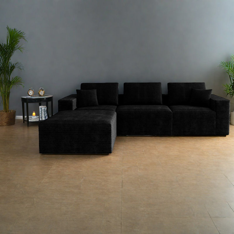 Canapé modulaire moelleux en velours côtelé, sans assemblage, design noir moderne pour la maison