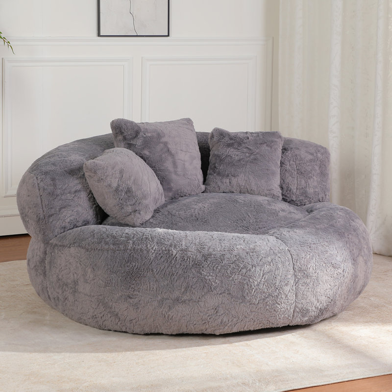 55" W Giant Adult Round Faux Fur Compression Foam Filled Bean Bag Sofa With 3 Back Pillows, No Assembly, Gray Faux Leather