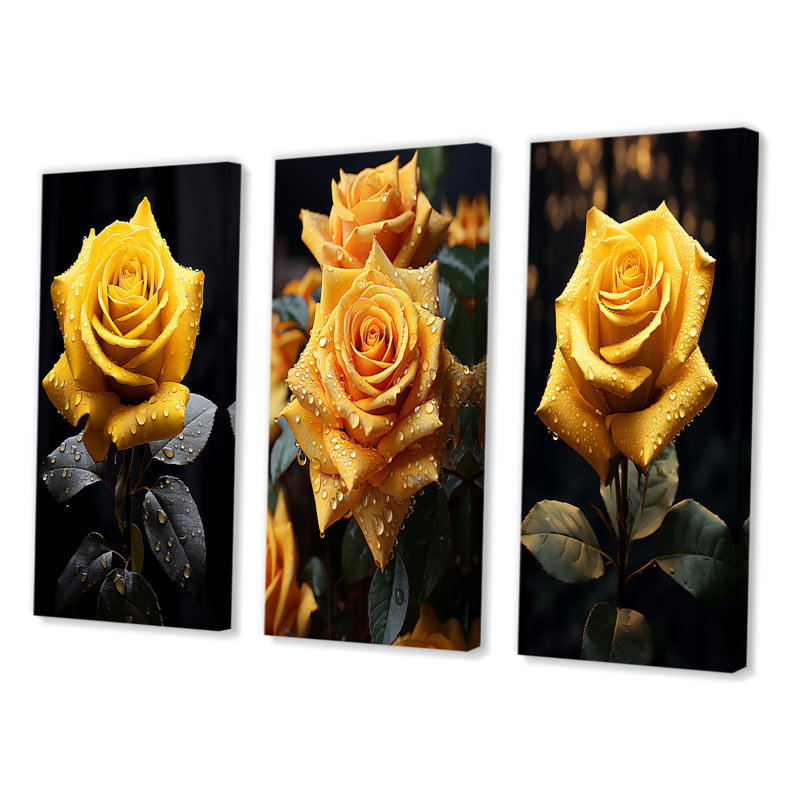 Ensemble de 3 pièces sur toile jaune, jaune et rose, Toile tendue, H 40 po x l 60 po