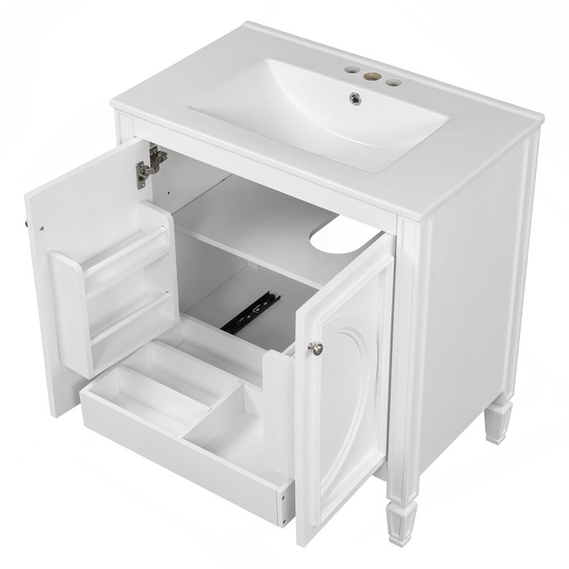 Meuble-lavabo 30 po avec lavabo, deux portes avec tablette, charnières de porte à fermeture en douceur, style rétro, blanc