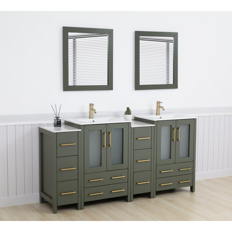  Meuble-lavabo autoportant moderne à double cuve 72 po avec plateau en céramique et miroirs assortis, Vert rétro