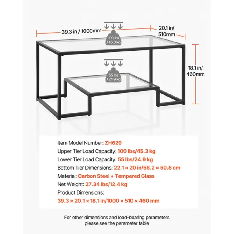 Table basse en verre trempé 22,6 x 42,76 x 4,57 po - VEVOR