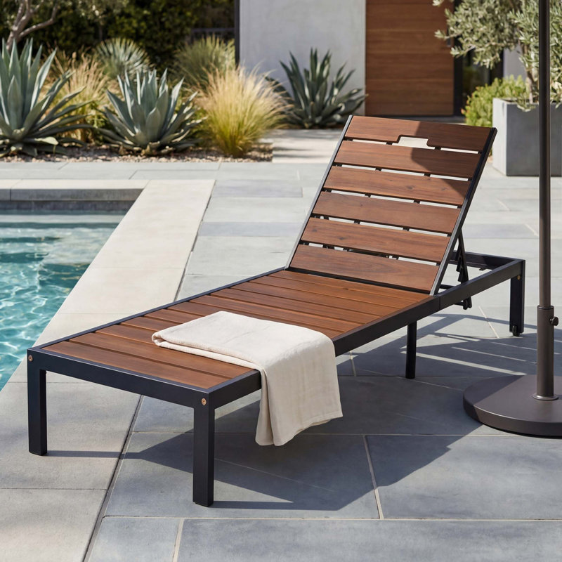 Chaise longue réglable pour l'extérieur en acier et bois d'acacia, Black;Brown