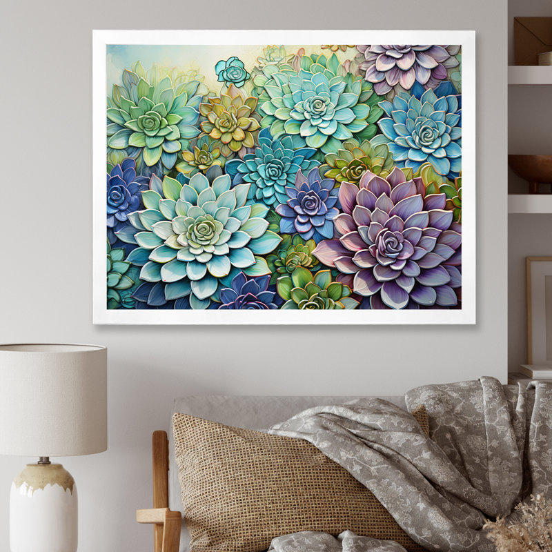 Fleurs douces et grasses sur fond de fleurs - impression, H 24 po x l 32 po x P 1 po, Cadre simple blanc