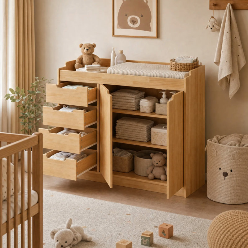 Table à langer pour bébé en bois massif | Armoire spacieuse pour comptoir, 4 tiroirs et double porte