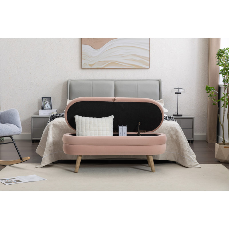 036-Banc de rangement en velours pour chambre avec pieds en bois, Rose clair