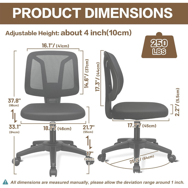 Armless Compact Rolling Office Desk Chair With Adjustable Height And Wheels