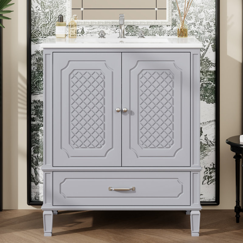 Ensemble de meuble-lavabo simple 30 po avec plateau en céramique, Argent argent, Gris