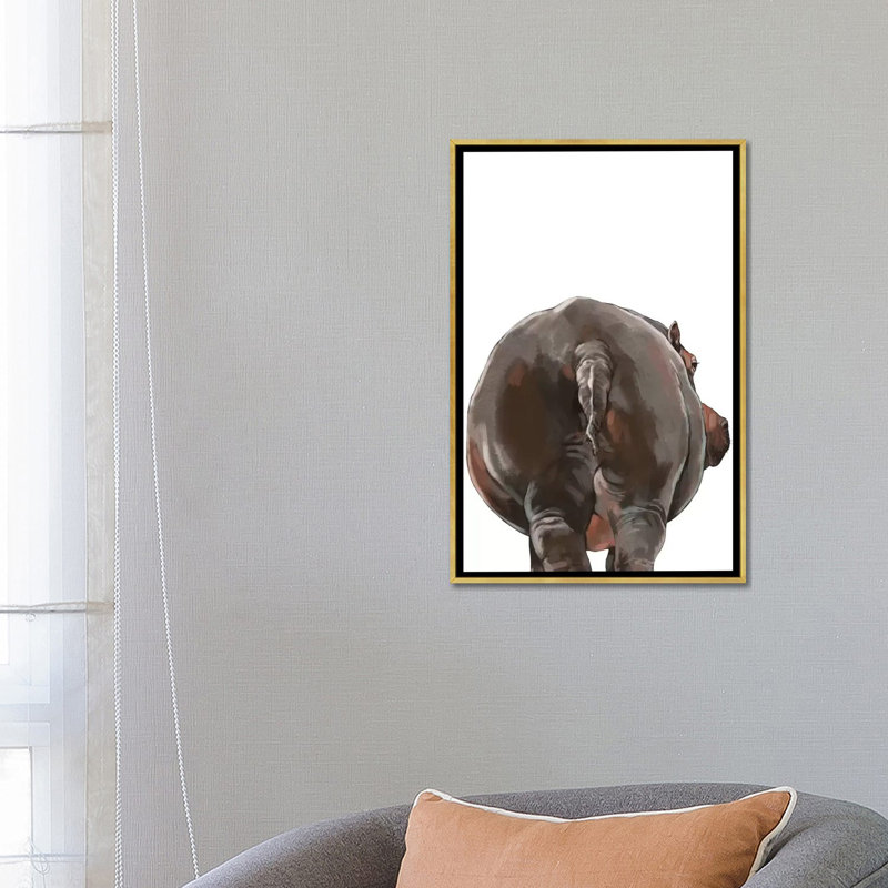Art hippopotame, Toile encadrée d'or, H 48 po x l 32 po x P 1,5 po