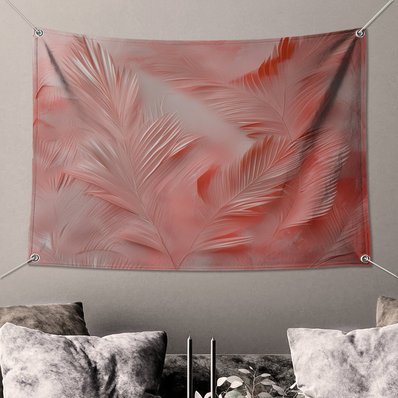 Tapisserie murale feuilles de palmier rose - décoration murale palmier, H 68 po x l 80 po avec 4 œillets