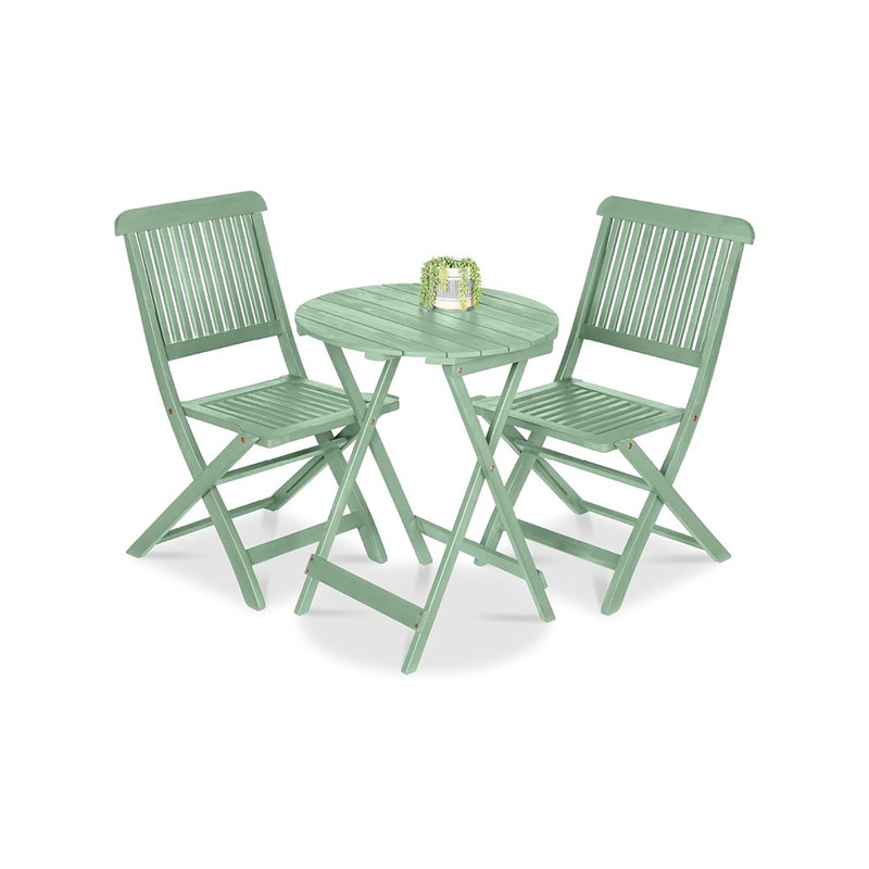 Ensemble bistro en bois d'acacia pliant - 2 chaises avec table basse ronde, finition teck, menthe