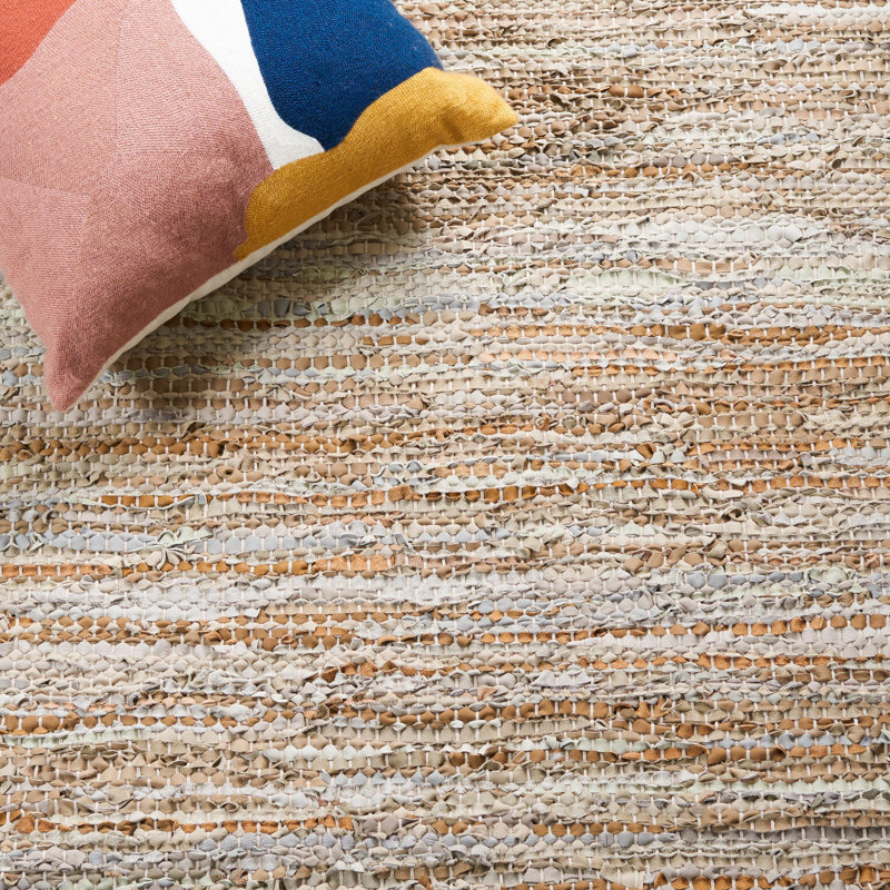 Riem Hand Woven Leather/Cotton/Jute Rug in White/Beige, Square 7'