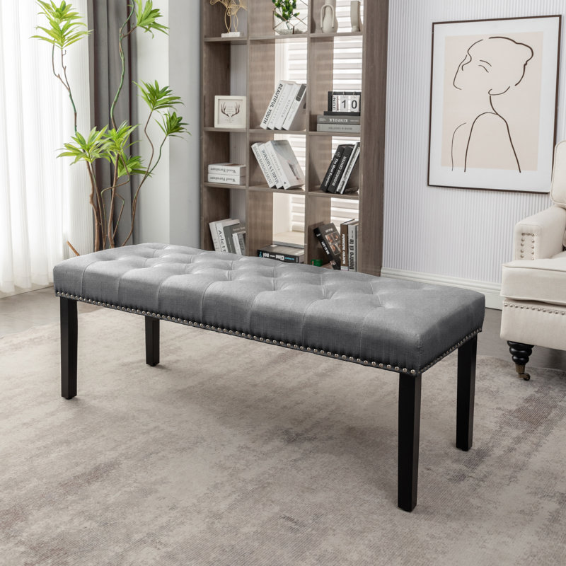 Kinberli Fabric Tufted Bench with Rubberwood Legs, Dark Gray