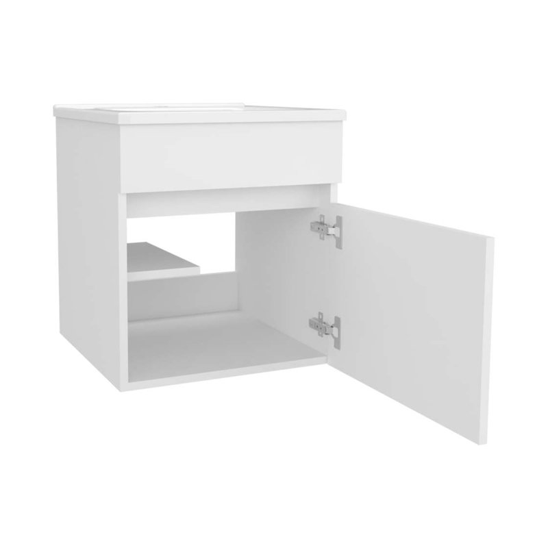 Meuble-lavabo flottant blanc avec lavabo et 1 porte, Blanc