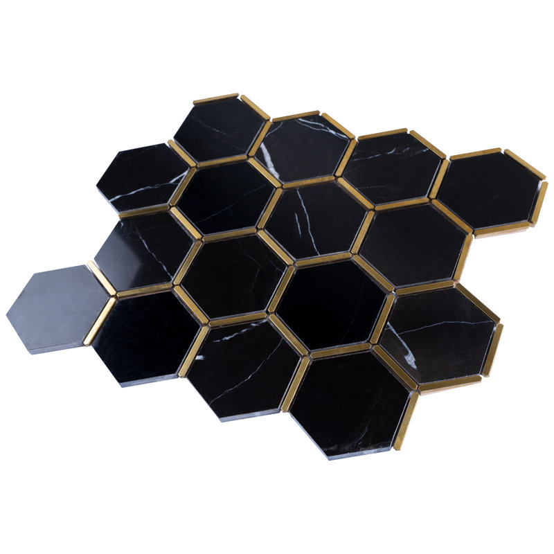 Natural Bianco 3" x 3" Marble Honeycomb Mosaic Wall Tile, Black/Gold
