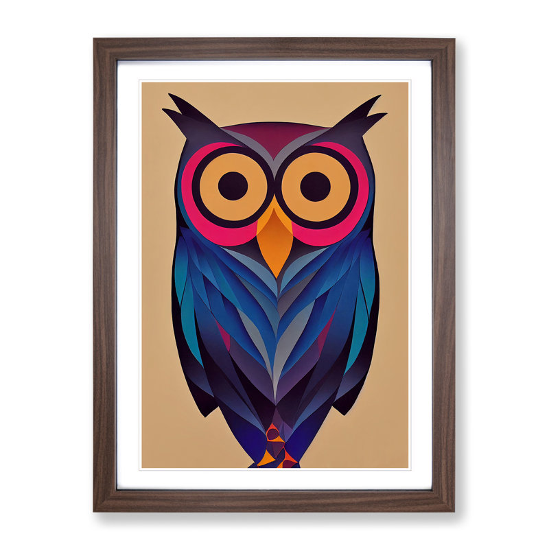 Owl In Technicolour No.3 Abstract - Single Picture Frame Print, 46cm H x 34cm W x 2cm D, Walnut