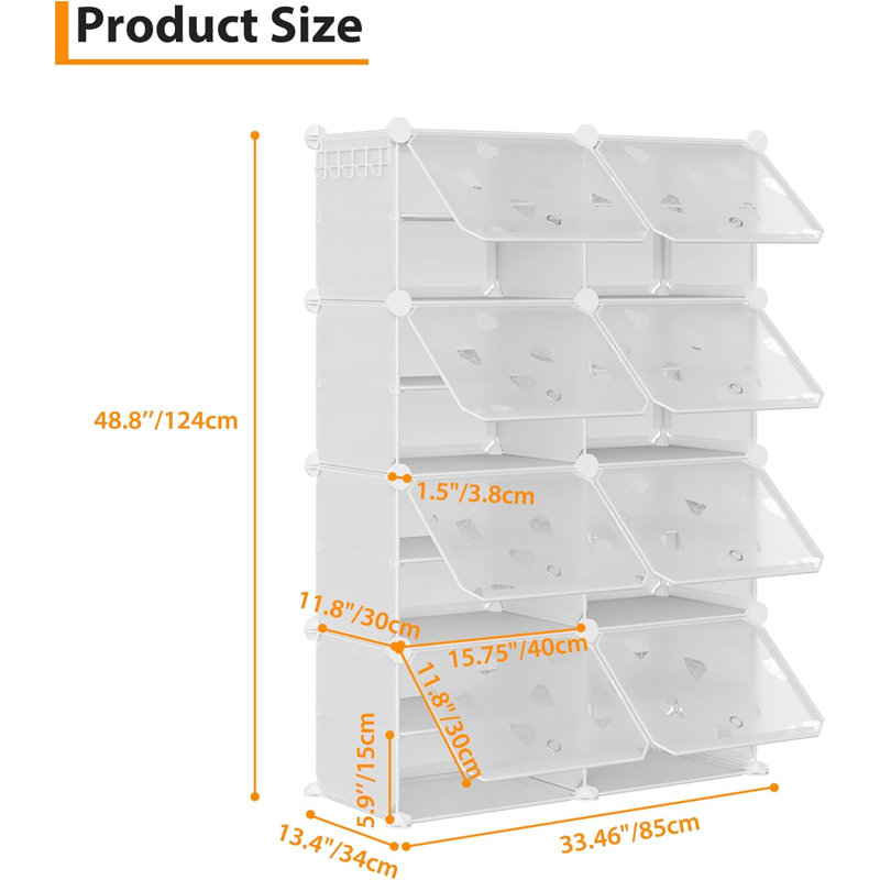 Expandable 8-Tier Shoe Rack Organizer with Door – Modular Shoe Storage Cabinet with PVC Shelves, Stackable, Dustproof, Space-Saving, Holds 32 Pairs, for Entryway, Hallway, Closet, Bedroom