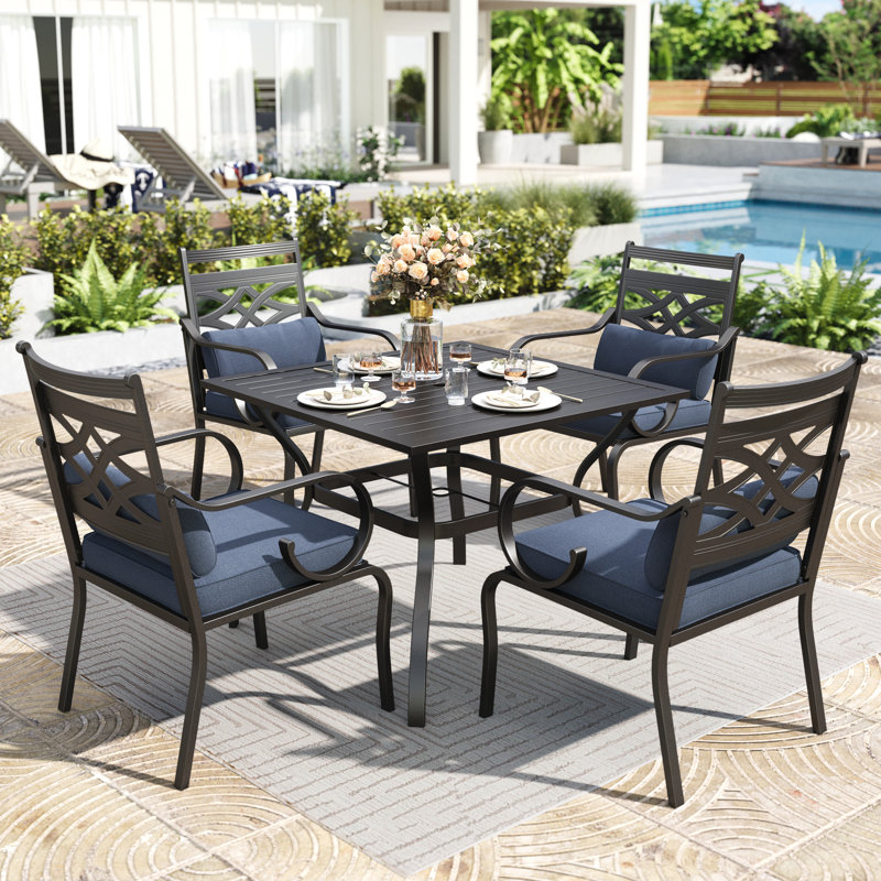 4 - Person Metal Patio Dining Set With Square Table , Cushions Included, Blue