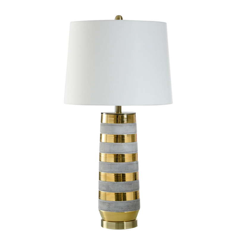Lampe de table Sundisk Gold - Corps rayé en céramique polie or - Abat-jour blanc