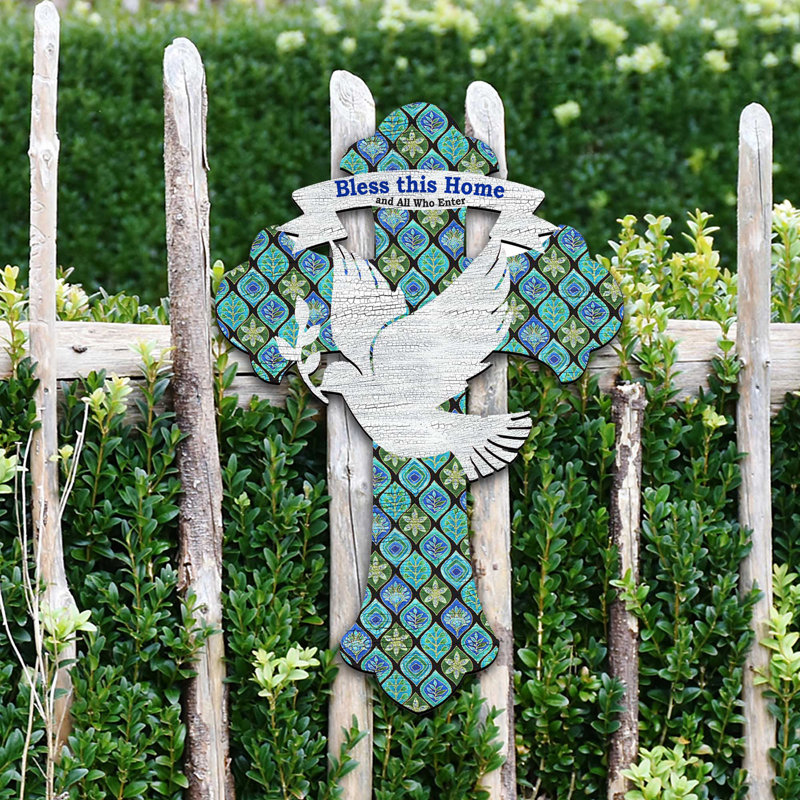 Crochet de porte en bois Cross with Dove "Bless This Home", H 12 po x l 9 po