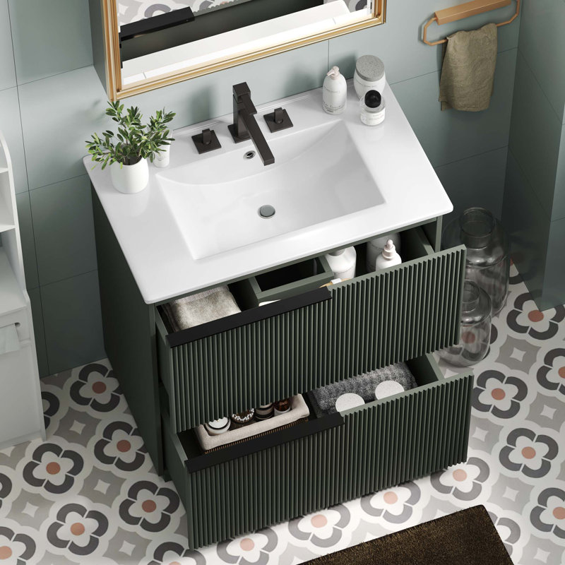 Meuble-lavabo de 30 po avec lavabo en céramique et tiroirs pleine extension, glissières de tiroir à fermeture en douceur, conception cannelée