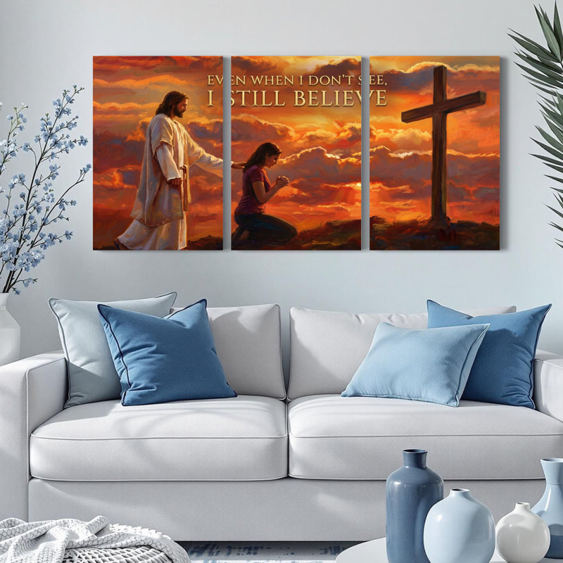 Ensemble de 3 tableaux sur toile tendue représentant Jésus et une femme en prière au coucher du soleil, 2436