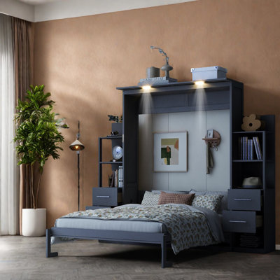 Grand lit escamotable mural avec tablettes, tiroirs et lumières DEL, gris