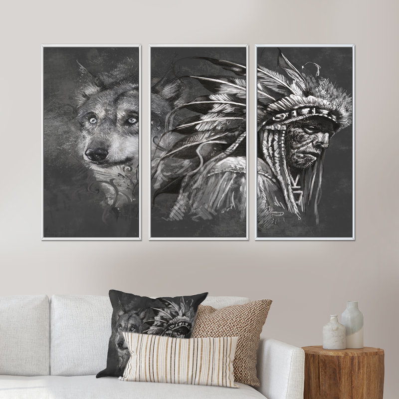Loup et chef indien indien - ensemble de 3 reproductions d'art encadrées sur toile, H 28 po x l 36 po x P 1 po, Blanc