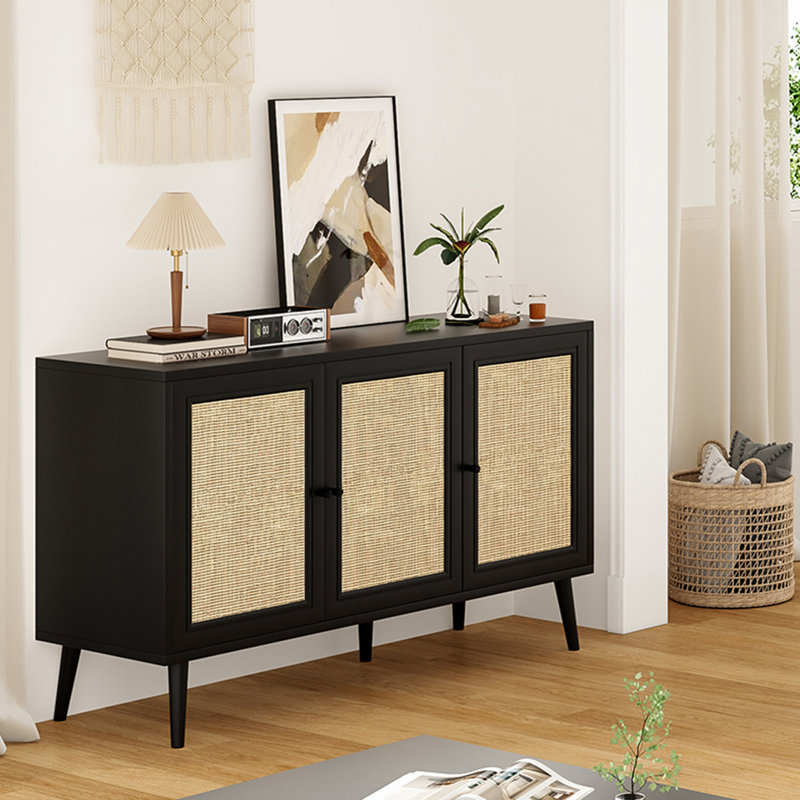 Buffet buffet avec 3 portes en rotin, Noir, noir, noir, noir, 27.6" H x 47.2" W x 15.5" D