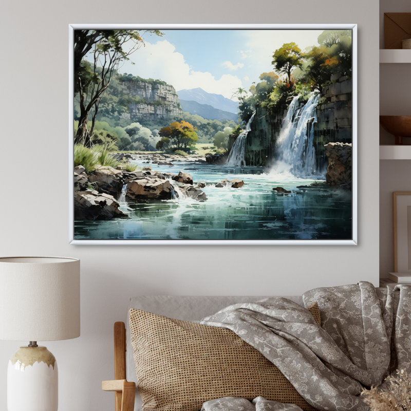 Cascade du Vietnam - Cascade d'argent I - reproduction sur toile, H 16 po x l 32 po x P 1 po, Cadre flottant blanc