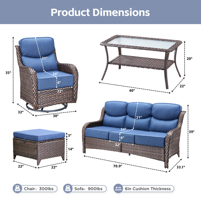 Ensemble de conversation d'extérieur en osier pour 7 à 9 personnes avec chaises pivotantes et table basse, Bleu, Brun