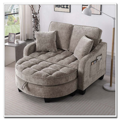 Two-Seater Sofa Chaise with Storage Ottoman & Checkered Cushions
