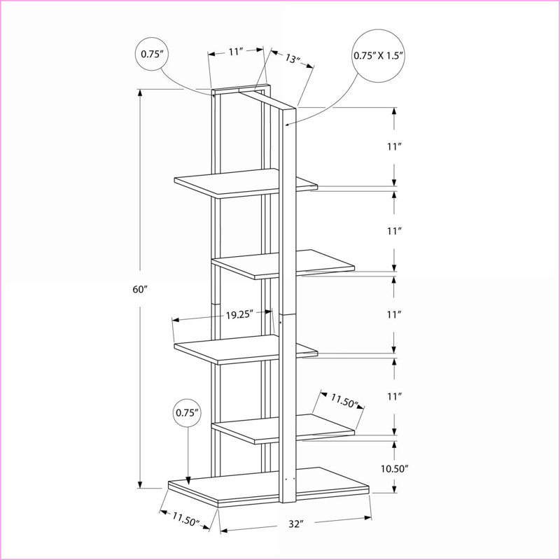Bibliothèque, industrielle moderne à 5 niveaux asymétrique | Stratifié blanc Métal argenté brossé | H 60 po | Blanc | Panneau de fibres à densité moyenne