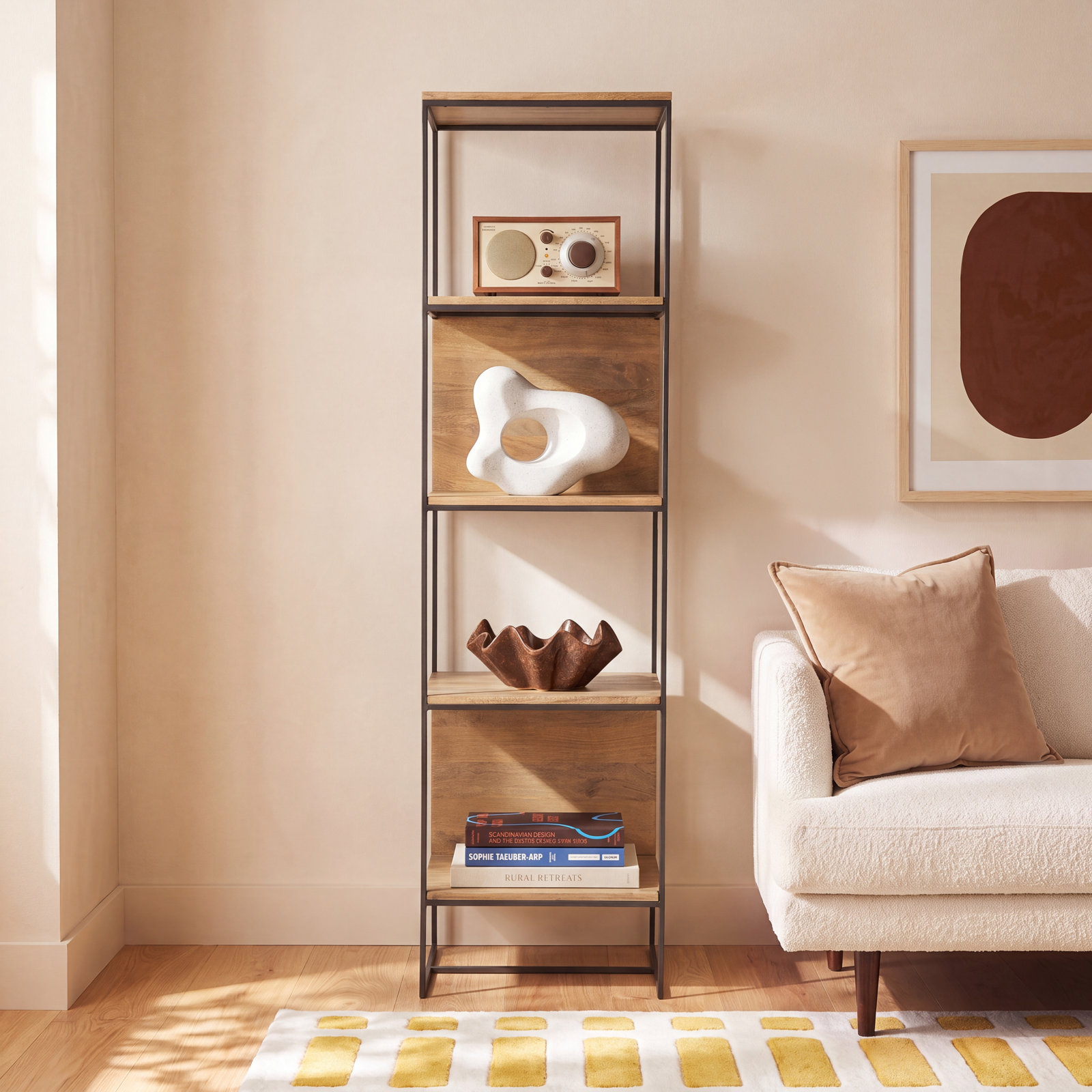 Sagan Narrow Etagere Bookcase, Beige/Black