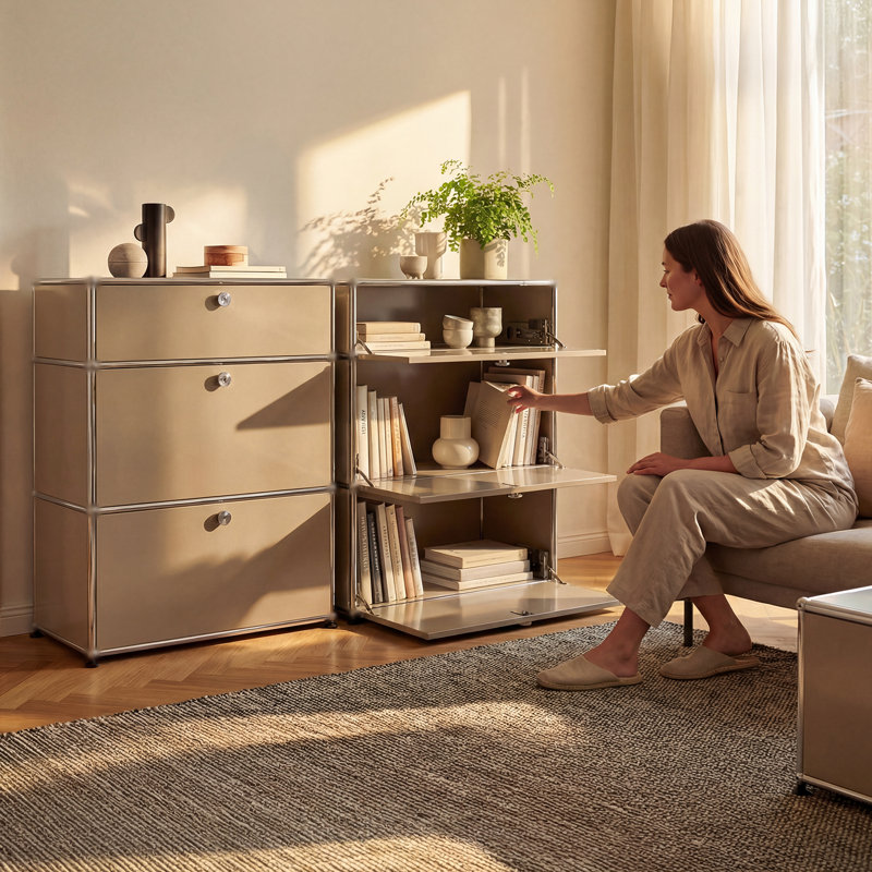 Modular Metal Sideboard Buffet Cabinet, Modern Accent Storage Cabinet, Brown