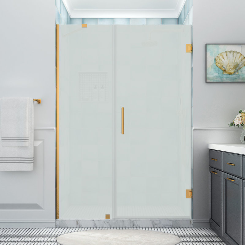 Belmore XL 58.25 - 59.25 in. x 80 in. Frameless Hinged Shower Door with Ultra-Bright Frosted Glass, Brushed Gold
