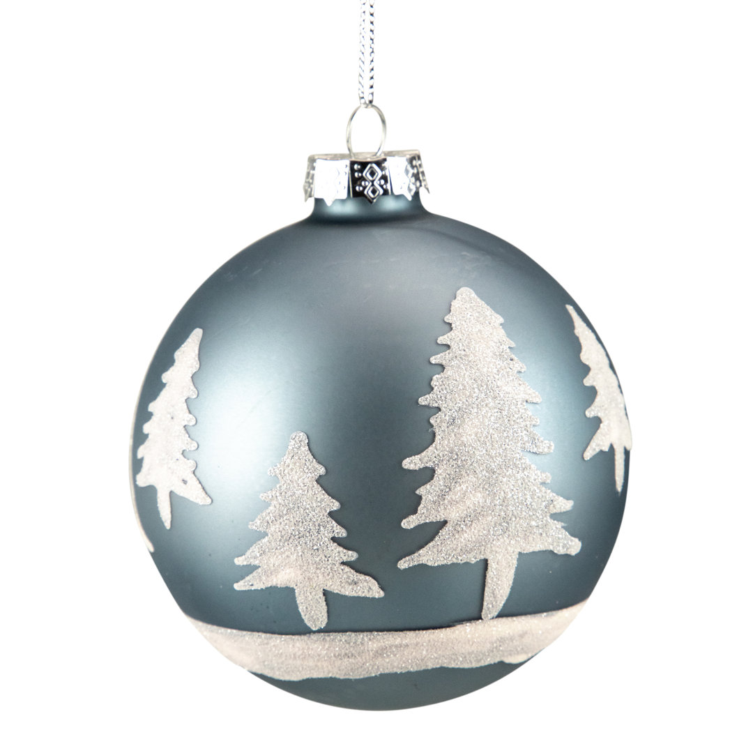 4" Slate Blue with Glittered Trees Glass Ball Christmas Ornament Northlight Seasonal