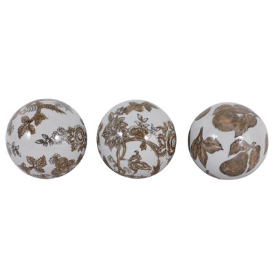 Botanical Ceramic Chinoiserie Orbs Sculpture for Living Room Decorations - Decorative Objects Figurine for Home Decor - Set of 3, 5", Brown & White
