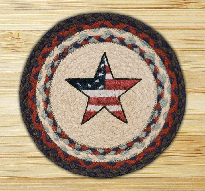  Americana Star Jute Trivet – 10"x10" Round Braided Hot Pad, Hand-Stenciled Red White Blue Patriotic Design