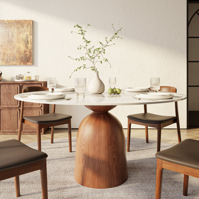 7Pcs Kitchen Dining Table Set Farmhouse Round Pedestal (1 Table 6 Upholstered Chairs), Brown