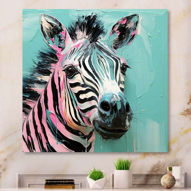 Rose et vert Boho Zebra II - Art mural animal zèbre, H 36 po x l 36 po x P 1,5 po, Toile tendue