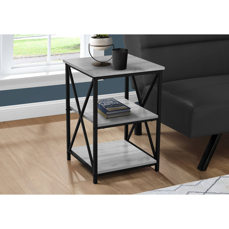 Table d'appoint moderne avec aspect bois gris et base en métal noir stratifié pour un décor polyvalent