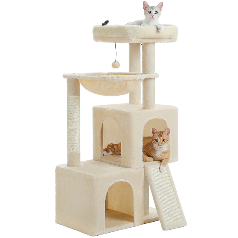 Grand arbre à chat, tour à chat à plusieurs niveaux de 41 pouces avec 2 condos spacieux pour chats d'intérieur, grande maison pour chat avec hamac confortable, perchoir rembourré, patin à griffes et boules remplaçables
