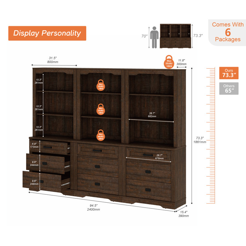 Laziza 3 Column 3 Tier Bookcase With Drawer,73.3" Tall Floor Standing Bookshelf,Modern Farmhouse Display Storage Cabinet With Adjustable Shelves