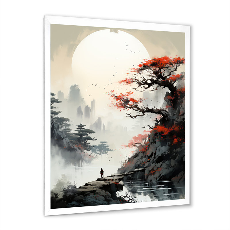 «Asian Art Samurais Landscape III», reproduction d'art sur toile asiatique, H 32 po x l 16 po x P 1 po, Cadre simple blanc