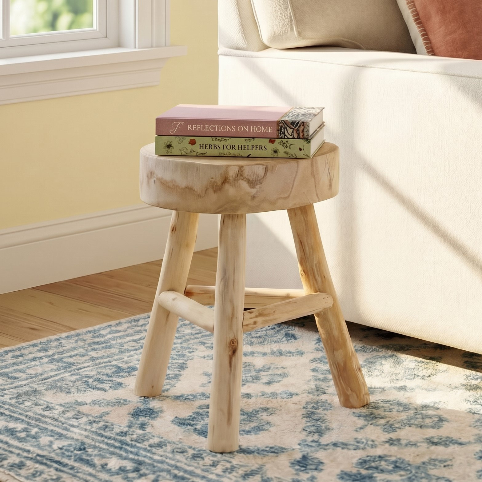 Paulownia Wood Accent Stool, Ivory/Beige