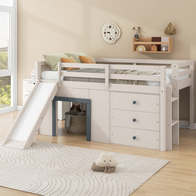 Full Size Low Loft Bed for Kids with Slide, Three Storage Drawers, Two Doors, Space-Saving Bedroom Furniture, Beige and Grey